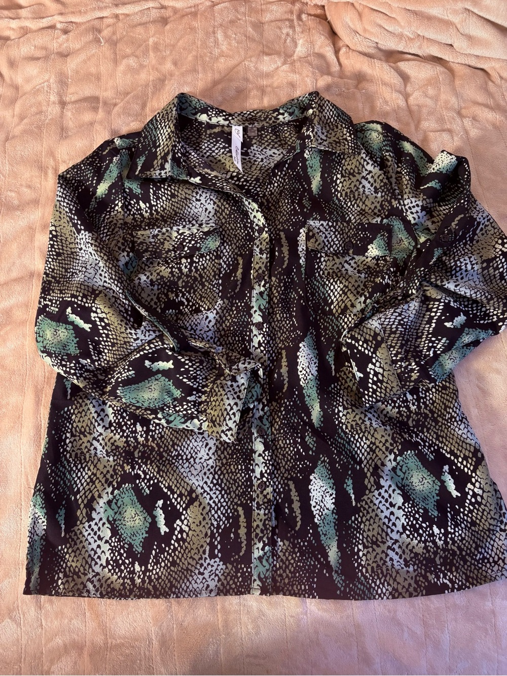 NY Collection Petite Snake-Print Top in Black and Olive